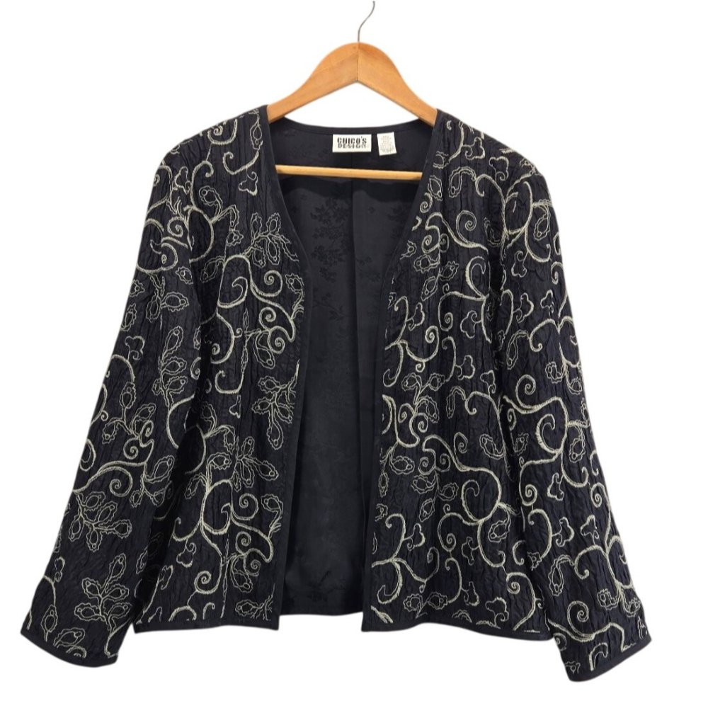 Chicos Design Silk Jacket Vtg Black Embroidered Sz 0 Us 4 Lined Blazer Evening